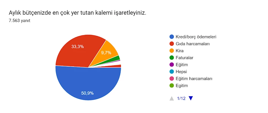 Formlar yanıt grafiği. Soru başlığı: Aylık bütçenizde en çok yer tutan kalemi işaretleyiniz. 
. Yanıt sayısı: 7.563 yanıt.